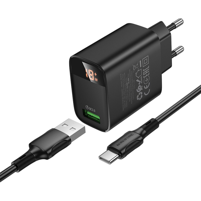 Сетевое ЗУ 1USB 3A BOROFONE BA95A Black, Type-C, 18W