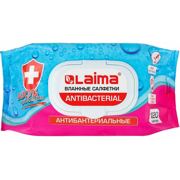 Салфетки влажные 120 шт, АНТИБАКТЕРИАЛЬНЫЕ с пластиковым клапаном, LAIMA Antibacterial, 112497