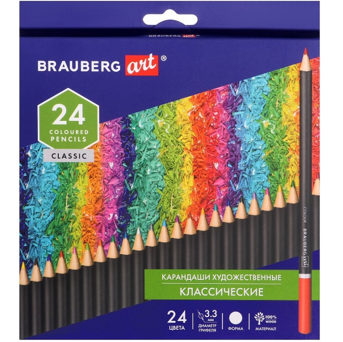 Карандаши художественные цветные BRAUBERG ART CLASSIC, 24 цвета, мягкий грифель 3.3 мм,