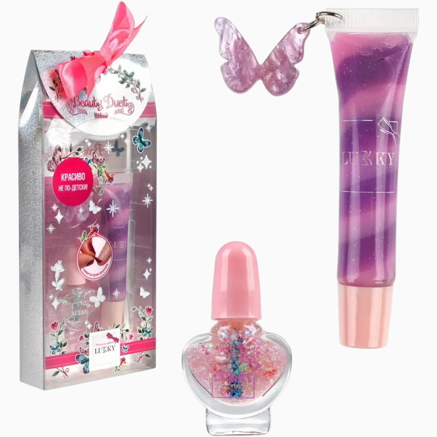 Lukky Beauty Duet набор блеск д.губ и лак д.ногтей, цв.розовый, ПВХ коробочка 3
