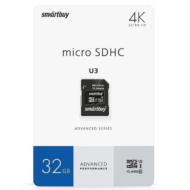 Micro SD 32Gb SMARTBUY Сlass 10  Advanced U3 V30 A1 (55/90 Mb/s)+ SD адаптер