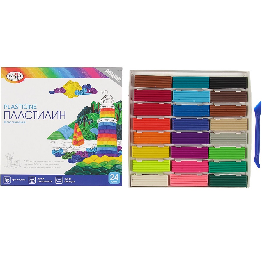 Пластилин Гамма "Классический", 24 цвета, 480г, со стеком, картон 281036