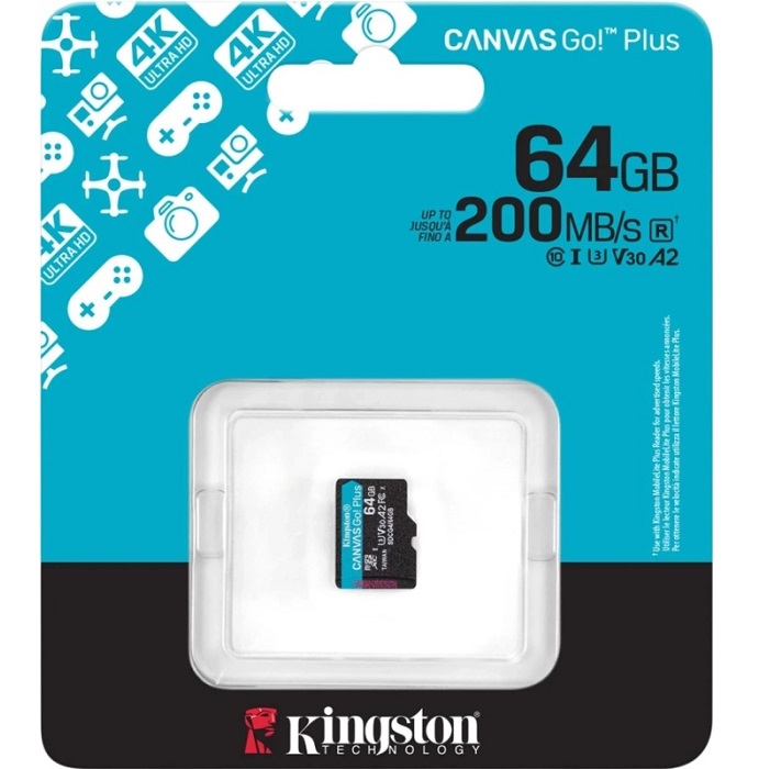 Micro SD 64Gb Kingston Class 10 Canvas Go Plus A2 U3 V30  (200 Mb/s) без адаптера