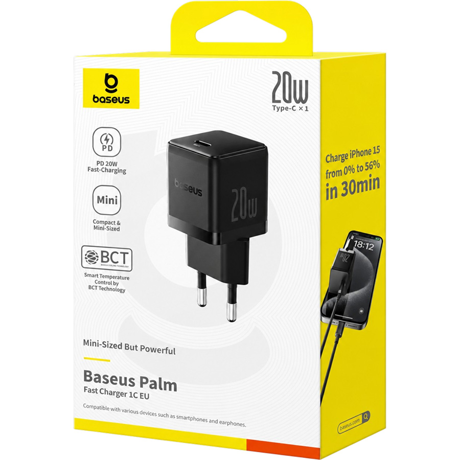 Сетевое ЗУ 1Type-C BASEUS Palm Fast Charger 1C 20W EU Cluster Black, P10111602113-00