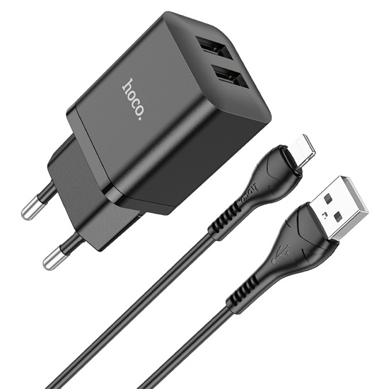 Сетевое ЗУ 2USB 2.1A HOCO N25, Maker, черный, Lightning
