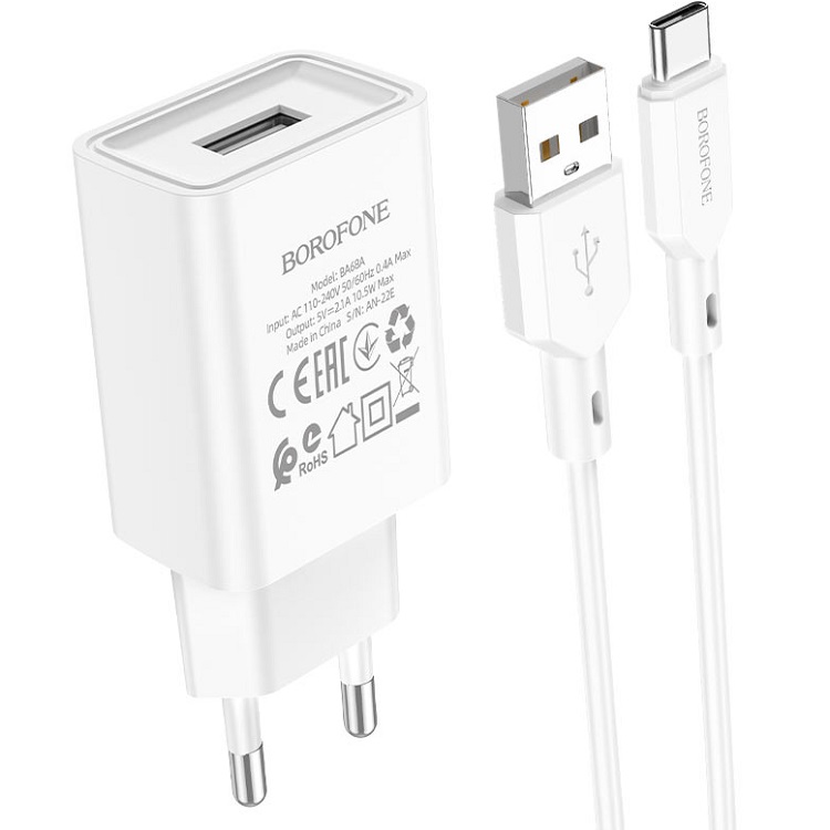 Сетевое ЗУ 1USB 2.1A BOROFONE BA68A, Glacier, Type-C, белый