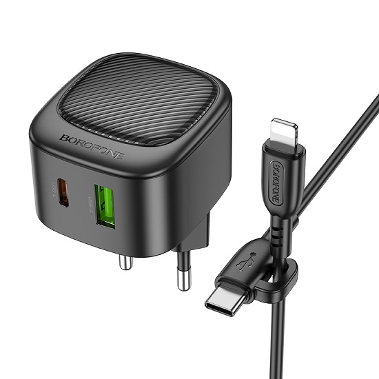 Сетевое ЗУ 1USB/1Type-C 3A BOROFONE BAS22A Black, Lightning-Type-C, 20Вт