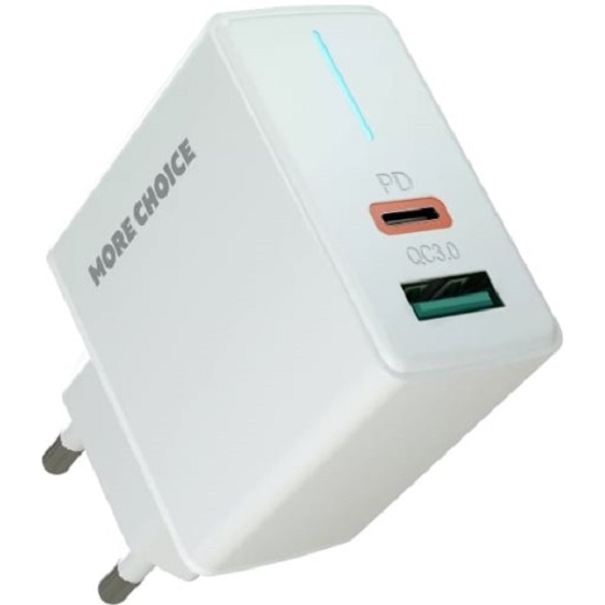 Сетевое ЗУ 1USB/1Type-C 3A MORE CHOICE NC61 White, 20Вт