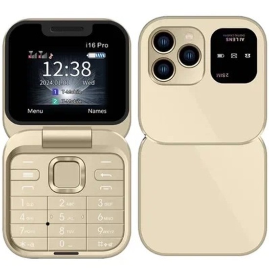 Телефон МИНИ i16 PRO mini раскладушка золотой (Мятая упаковка)
