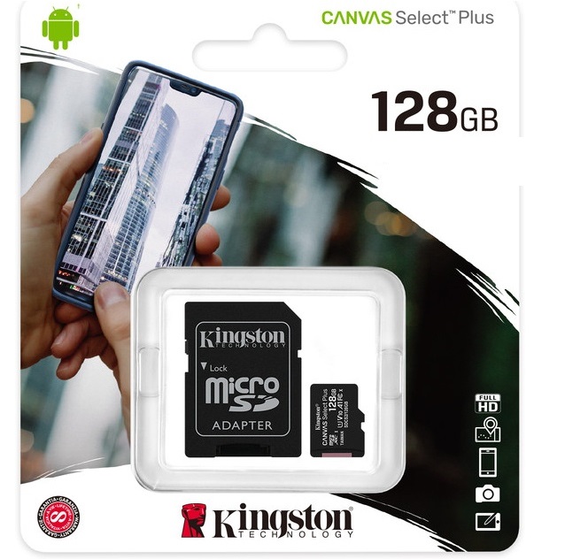 Micro SD 128Gb  Kingston Class 10 Canvas Select Plus A1 U1 V10  (150 Mb/s) + SD адаптер