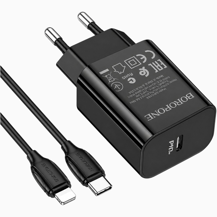 Сетевое ЗУ 1Type-C 2.1A BOROFONE BA65A Lightning-Type-C, черный, 20Вт