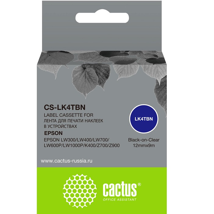 Картридж ленточный Cactus CS-LK4TBN черный, 12 мм, 9 м для Epson LW300/LW400/LW700/LW600P/LW1000P/K400/Z700/Z900