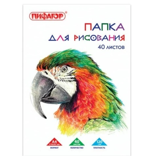 Папка для рисования А4, 40л., 120 г/м2, ПИФАГОР, 210х297мм, Попугай, 129222