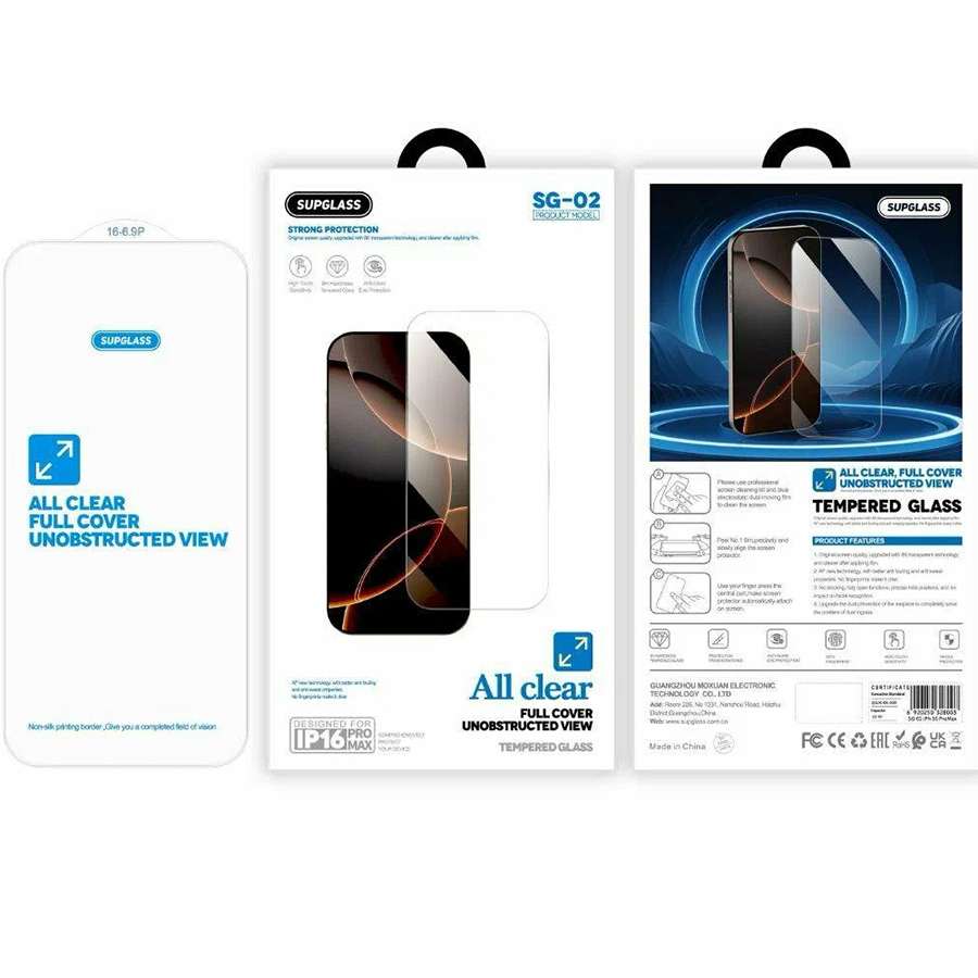 Противоударное стекло SUPGLASS без рамки для iPhone 15 Pro Max/15 Plus/16 Plus SG-02