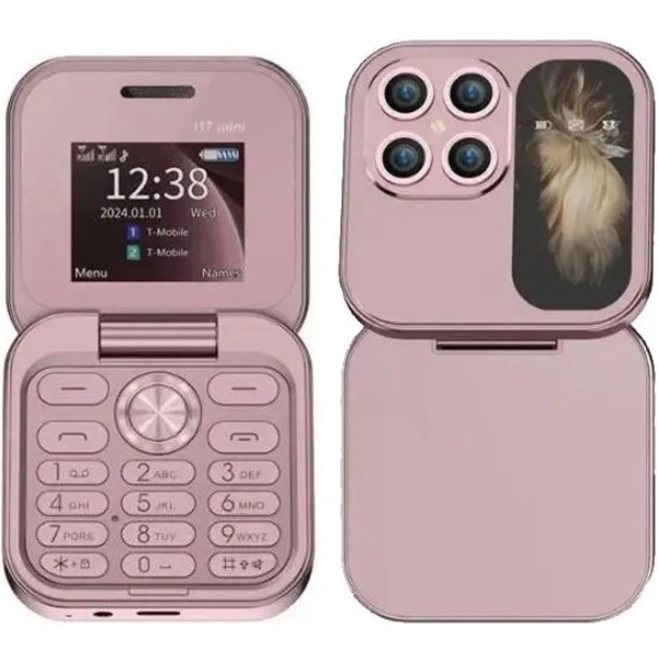 Телефон МИНИ i17 PRO mini раскладушка розовый (Уценка)