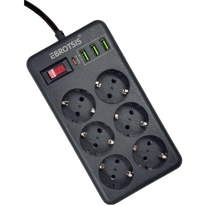 Сетевой фильтр 3М HG-2502,( 6 EURO розетки, 4 USB , 2 Type-C) 2500W, чёрный   