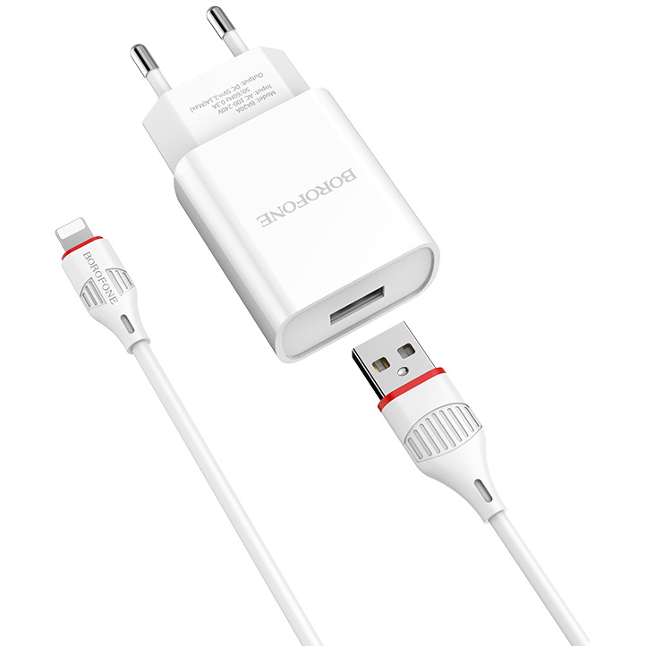 Сетевое ЗУ 1USB 2.1A BOROFONE BA20A, Sharp, кабель USB-Lightning, белый