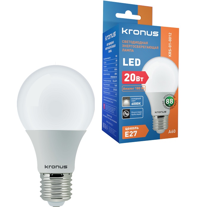 Лампа светодиодная KRONUS A60 20W/6000K/E27 холодный свет (10/100)