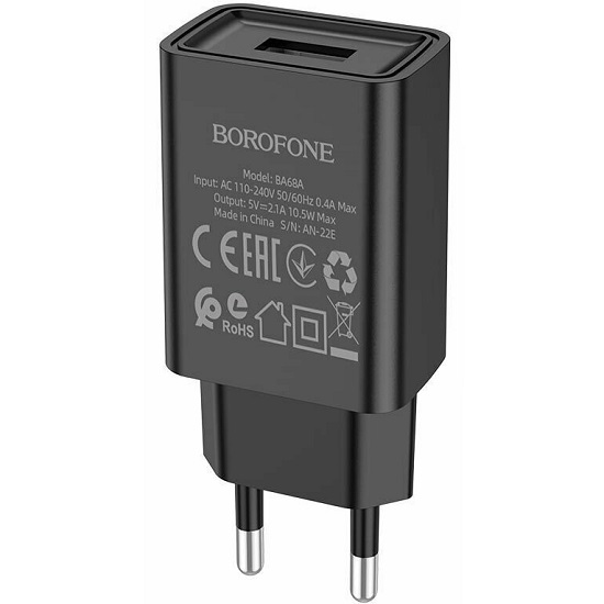 Сетевое ЗУ 1USB 2.1A BOROFONE BA68A, Glacier, чёрный