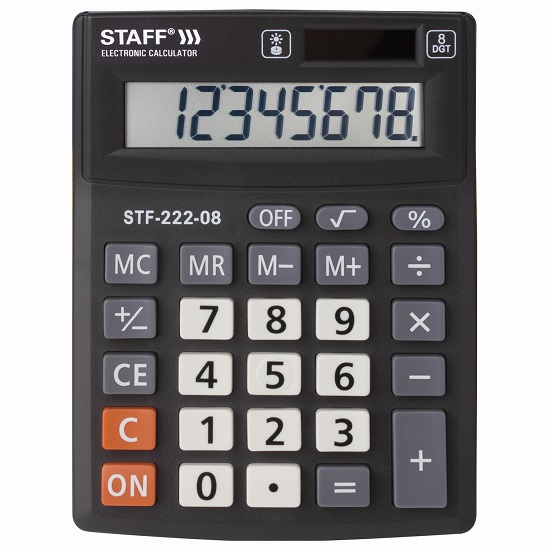 Калькулятор настольный STAFF PLUS STF-222, КОМПАКТНЫЙ (138x103мм), 8 разрядов, двойн.питание, 250418