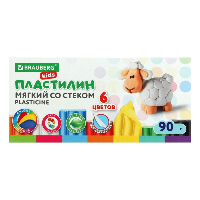 Пластилин  мягкий восковой BRAUBERG KIDS, 6 цветов, 90г, со стеком, 106493