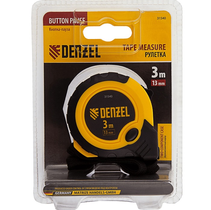 Рулетка  3 м х 13 мм DENZEL 31540, двухкомп. корпус, кнопка-пауза