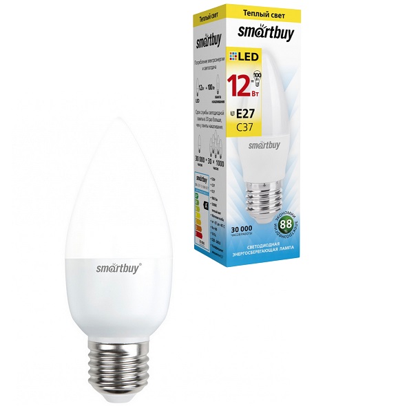 Лампа светодиодная SmartBuy, C37 12W/3000К/E27 , (тёплый свет)  матовая