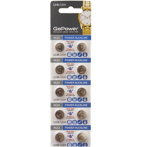 Элемент питания GoPower AG13 BL-10 (LR1154/LR44/357A/A76) (10/100/3600)