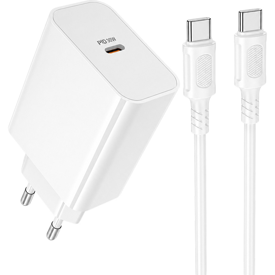 Сетевое ЗУ 1Type-C BOROFONE BA107A White, кабель Type-C-Lightning-C PD30W