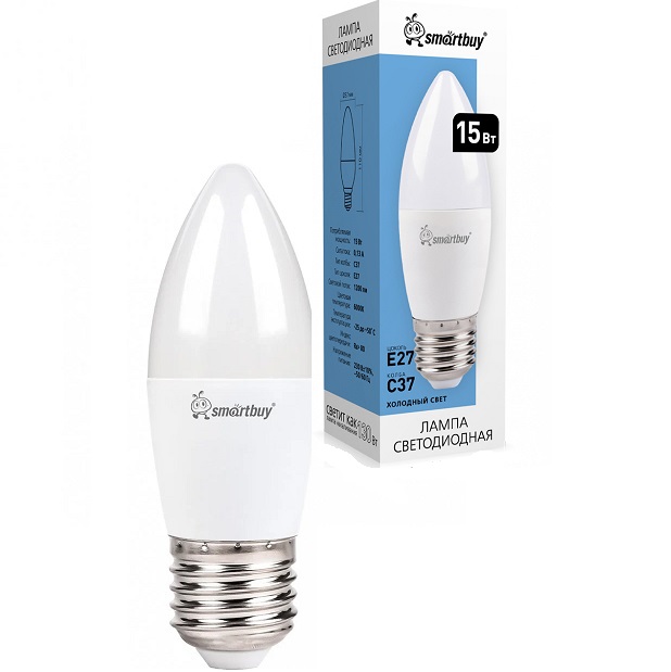 Лампа светодиодная SMARTBUY C37 15W/6000К/E27 (свеча, холодный свет) (1/10/100)