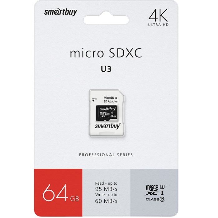 Micro SD 64Gb SMARTBUY Pro Class 10  U3; R/W:95/60 MB/s (с адаптером SD)