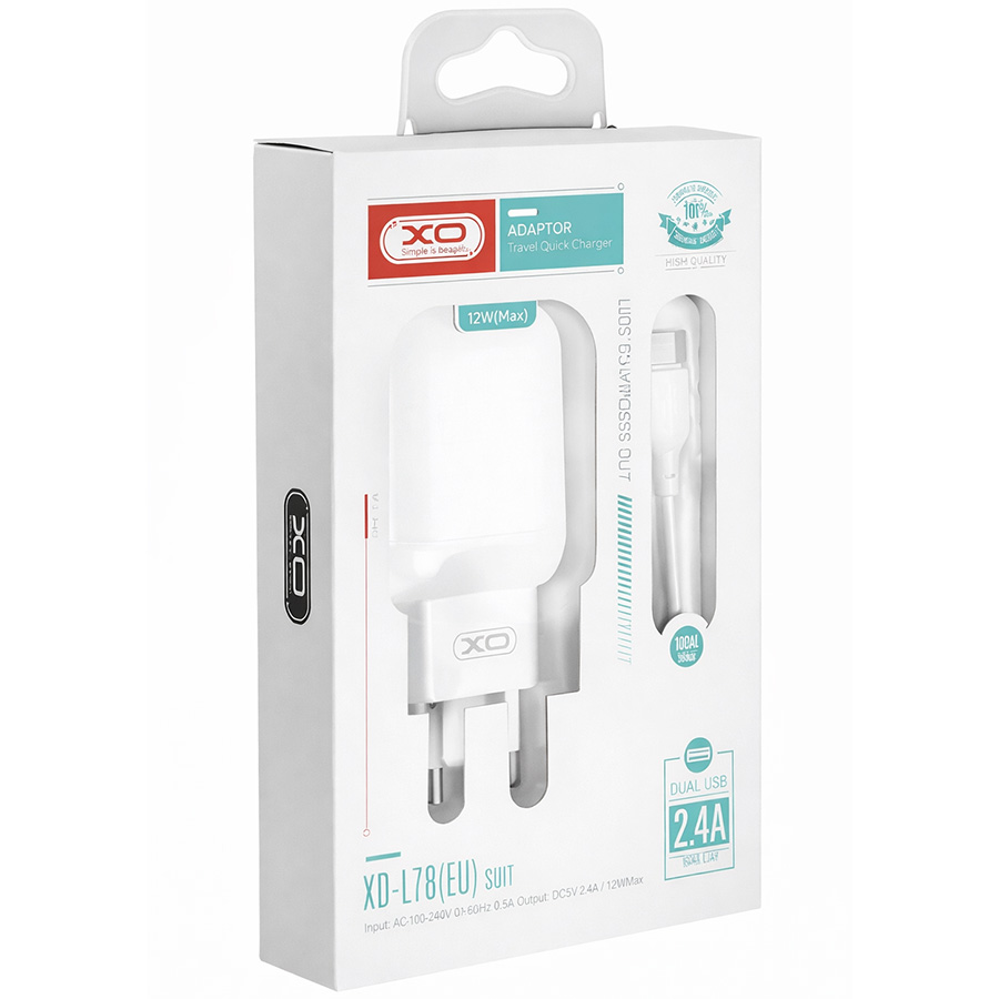 Сетевое ЗУ 2USB 2.4A XO-L78 Lightning, белое