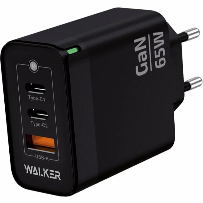 Сетевое ЗУ 1USB/2Type-C WALKER WH-45 GaN, черное, 65Вт, QC 3.0+PD
