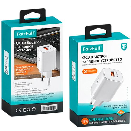 Сетевое ЗУ 1USB FaizFULL FC70 белый, QC3.0 18W 2