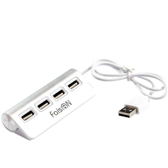 USB-Хаб FaisON U-02, EVO, серебряный, алюминий, 4 гнезда, USB 2.0, кабель 0.5м