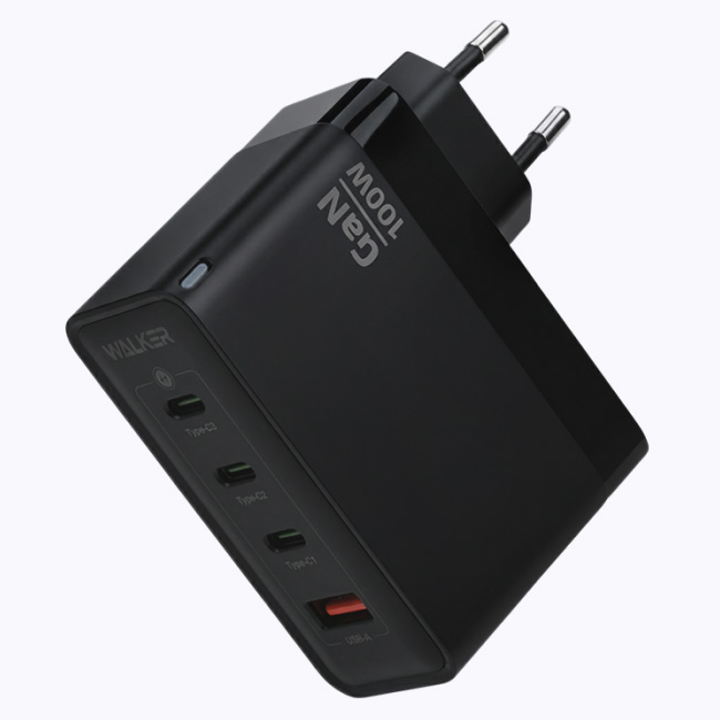 Сетевое ЗУ 1USB/3Type-C 3.25A WALKER  WH-48 GaN, черное, 100Вт