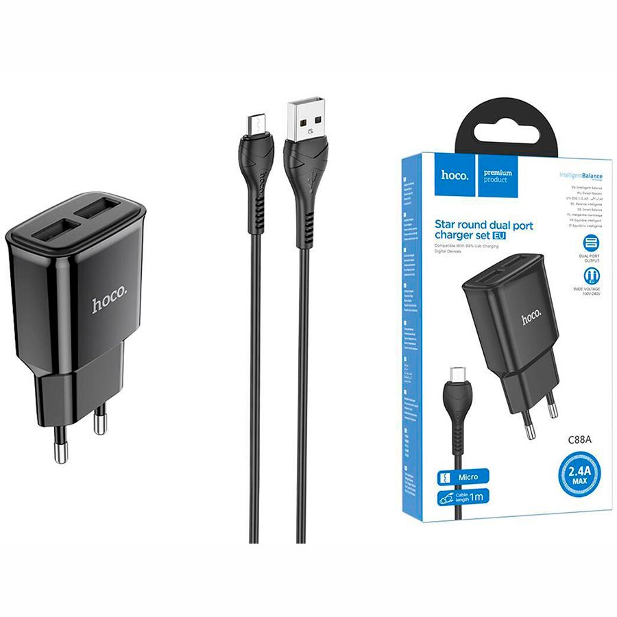 Сетевое ЗУ 2USB 2.4A HOCO C88A Black, microUSB