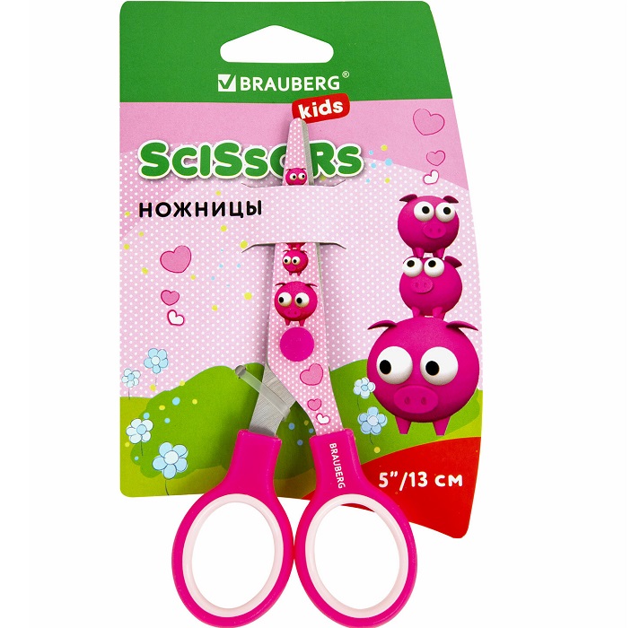 Ножницы BRAUBERG KIDS 130 мм "Поросята", розовые 232272