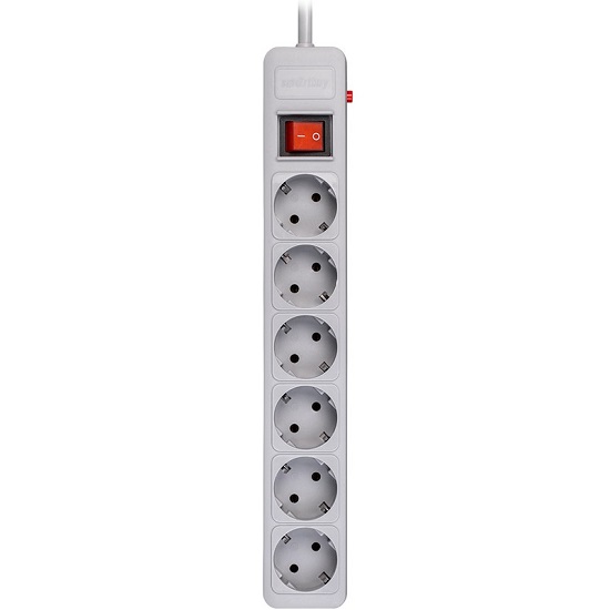 Сетевой фильтр  1.8м SMARTBUY SBSP-6-18-G, серый, 6 розеток, 16А, без з/ш, с з/к, ПВС 3x1.0