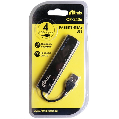 USB-Xaб RITMIX CR-2406 black, 4 порта 4