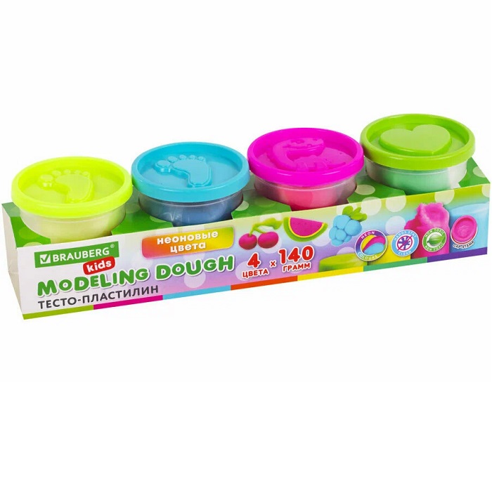 Пластилин тесто BRAUBERG KIDS, 4 цвета, 560г, яркие неоновые цвета, крышки-штампики, 106716