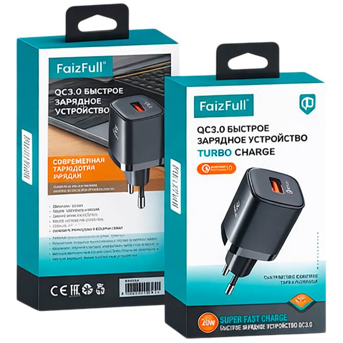 Сетевое ЗУ 1USB FaizFULL FC70 черный, QC3.0 20W 2