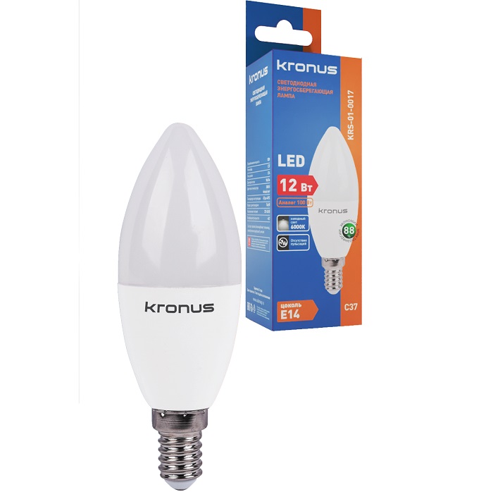Лампа светодиодная KRONUS C37 свеча 12W/6000K/E14 холодный свет (10/100)