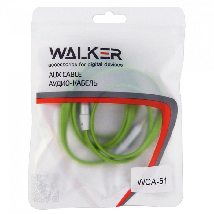Кабель Jack 3.5 <--> Jack 3.5  1.0м WALKER WCA-051 плоский зеленый (в пакете)
