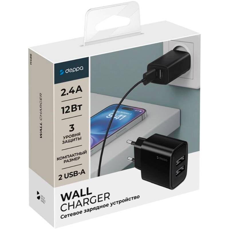Сетевое ЗУ 2USB2.4A DEPPA, черный (11486) 2