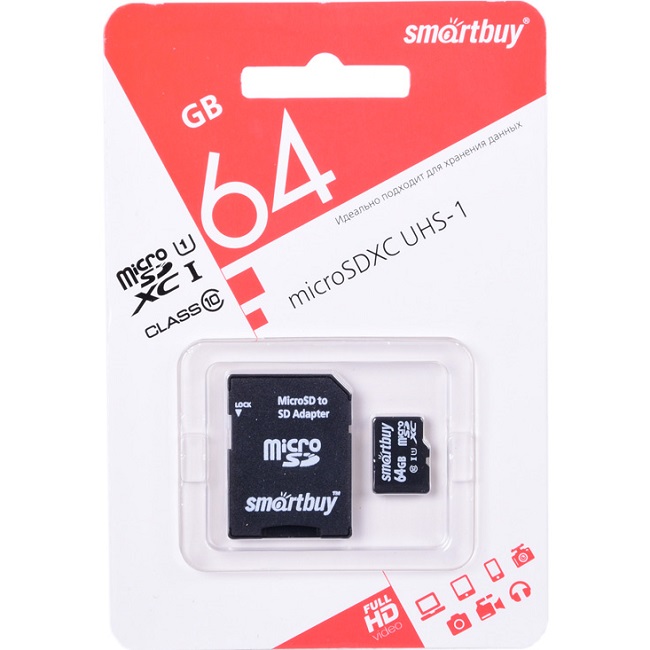 Micro SD 64Gb SMARTBUY Class 10 UHS-I с адаптером SD (SB64GBSDCL10-01)