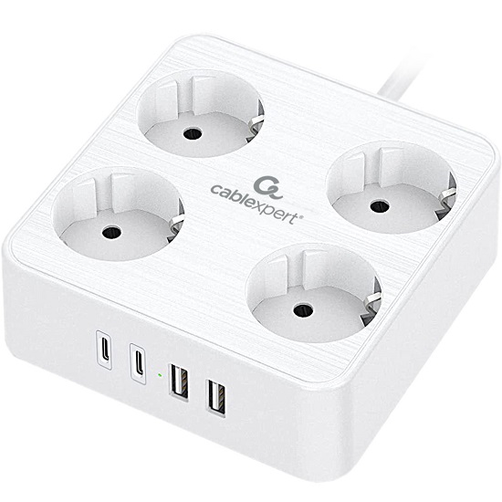 Сетевой фильтр 2.0м CABLEXPERT Plate, PLT-4-C2U2-W-2, белый, 4 розетки, 10А, 2Type-C PD, 20Вт, 2USB, 2.4A, 2м, ур.защиты 4+, коробка