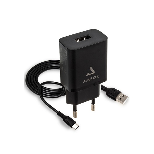 Сетевое ЗУ 1USB 2.1A AMFOX AH-45, 10,5Вт, + кабель Type-C, черное