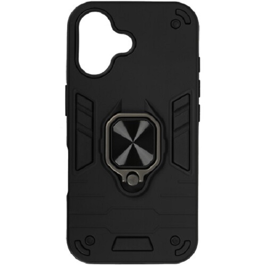 Задняя накладка DF для iPhone 16 black, DF iArmor-11, с кольцом и пластиной для магнитного держателя