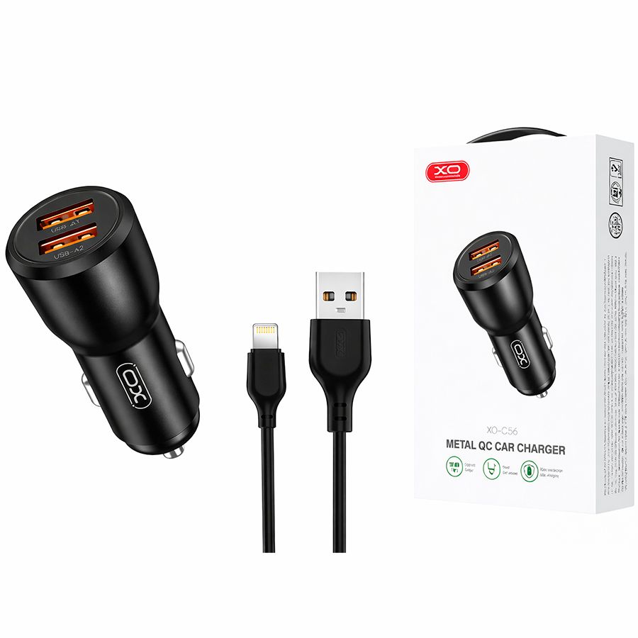 Авто ЗУ 2USB XO CC55, черное, Lightning, 18Вт 1